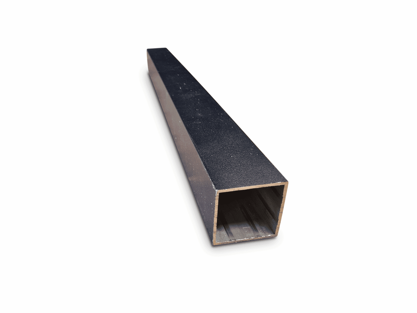 Rectangular hollow metal beam with dark finish and light edges, shown diagonally.