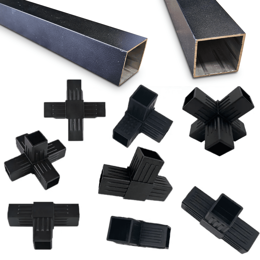Black plastic connectors and two long, hollow, rectangular metal tubes for structural assembly.