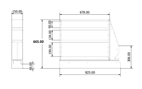 Technical drawing of a rectangular structure with labeled dimensions in millimeters.