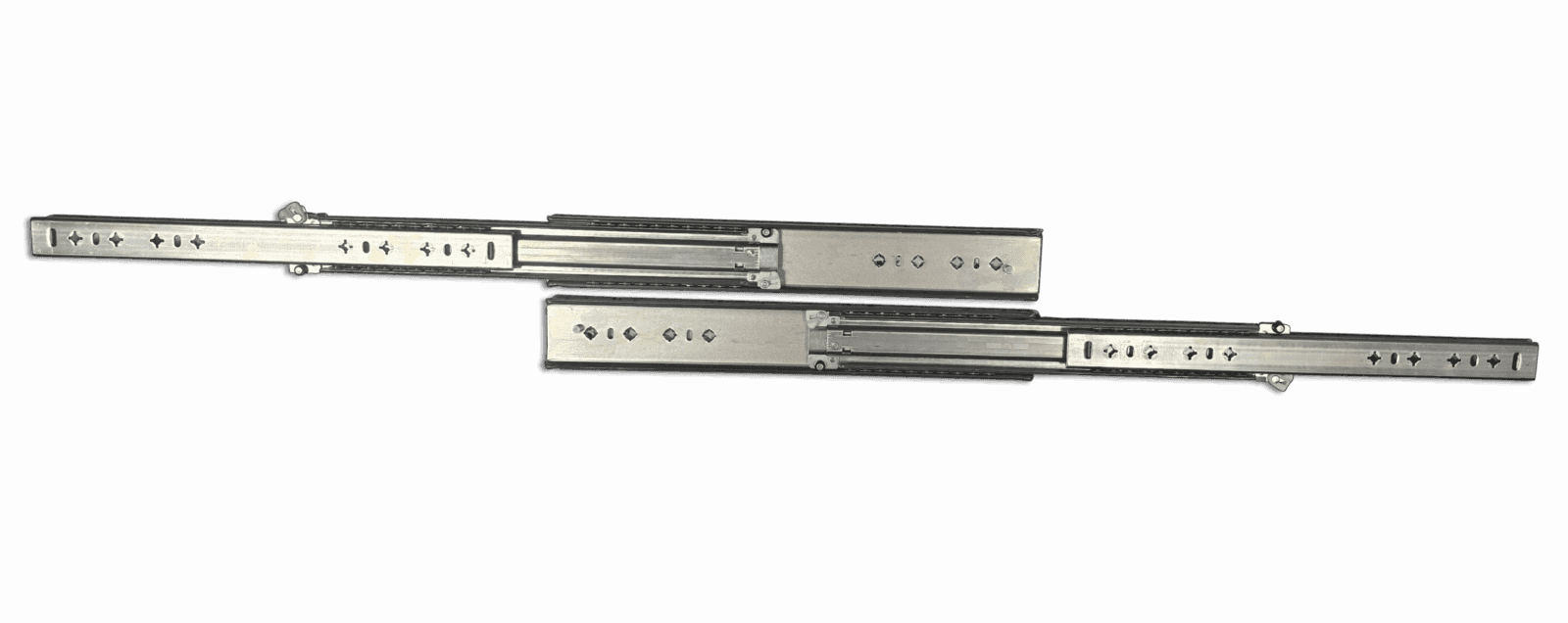 Metal drawer slides with extendable tracks and pre-drilled holes for cabinetry installation.