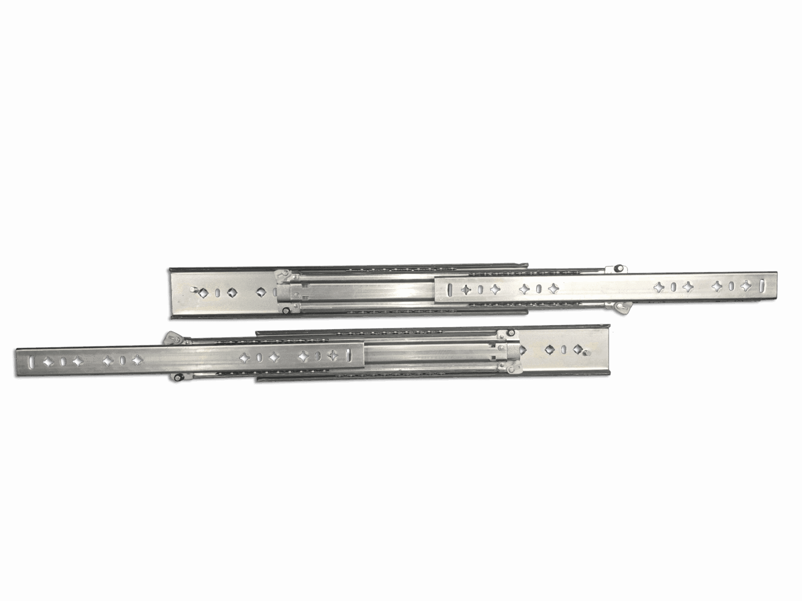 Metal drawer slides with screw holes, telescopic mechanism for cabinetry or furniture extension.
