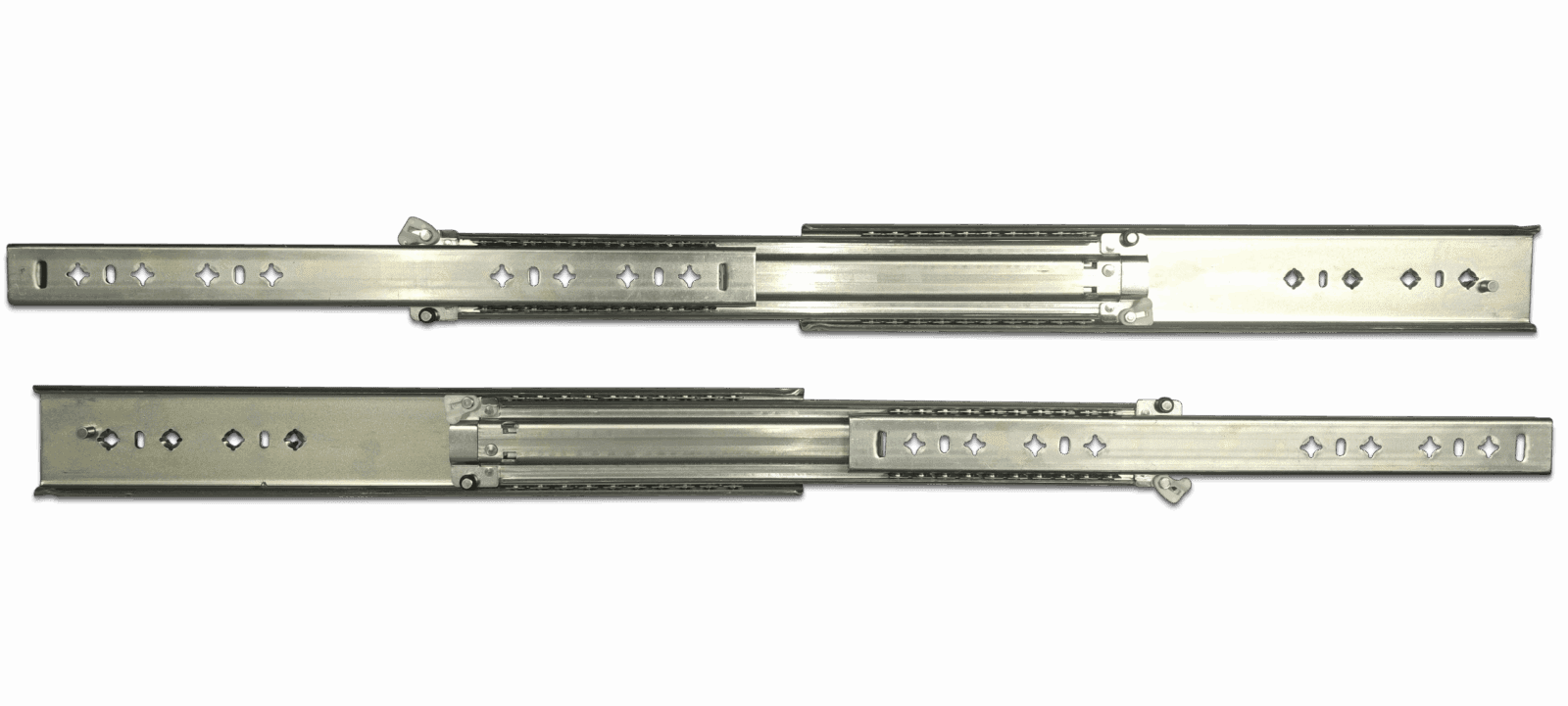 Metallic drawer slides with perforated holes for adjustment and attachment, interlocking design.