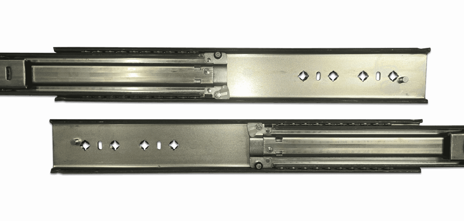 Two metallic drawer slides with mounting holes and ball bearings on a dark background.