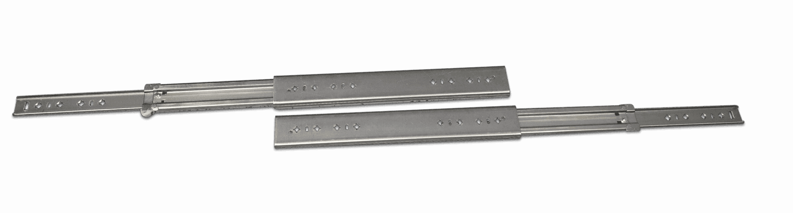 Metal drawer slides with mounting holes and telescoping sections for smooth extension.