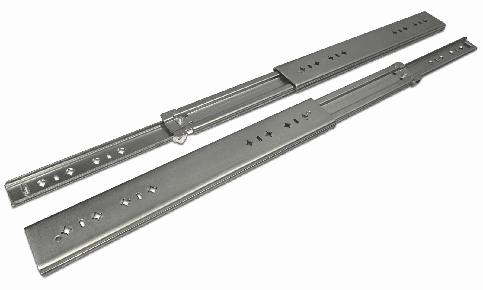Two silver metal drawer slides with star cutouts, parallel, on a black background.