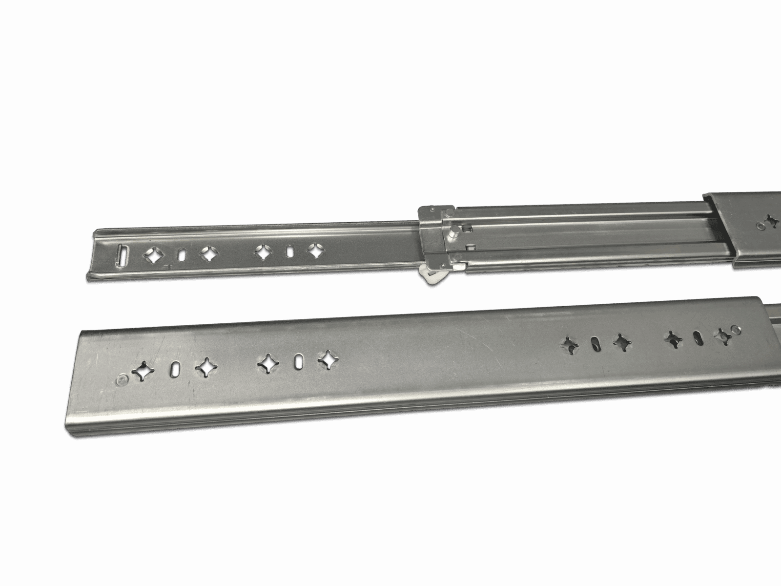 Two metal telescoping drawer slides with holes on a black background.