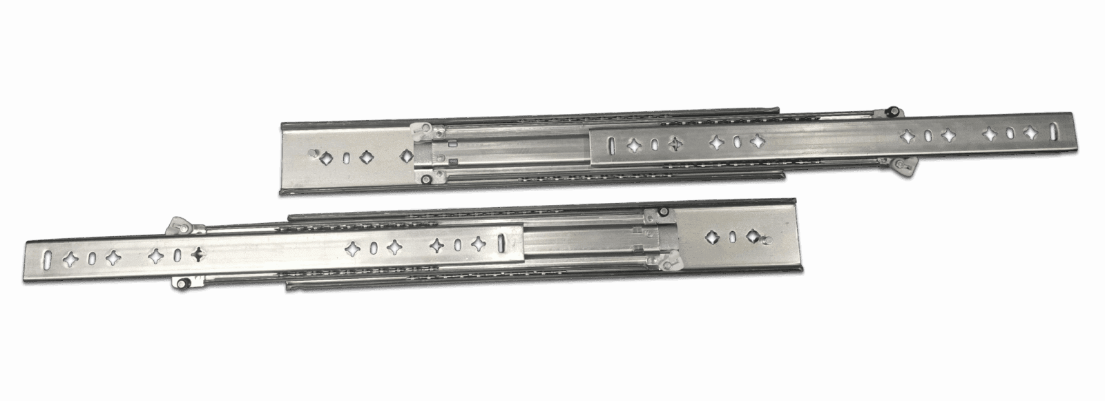 Two metallic drawer slides with holes and extension mechanisms for furniture use.