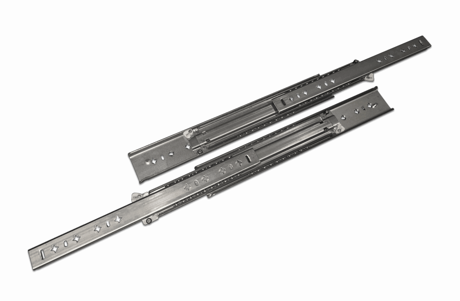Metal drawer slides with perforations and ball-bearing tracks for smooth operation.