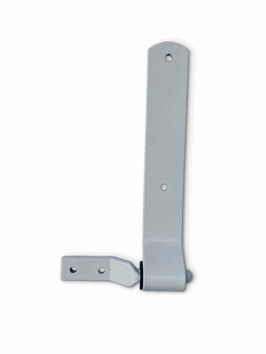 White metal hinge bracket with two perpendicular mounting sections and a central pin against black.