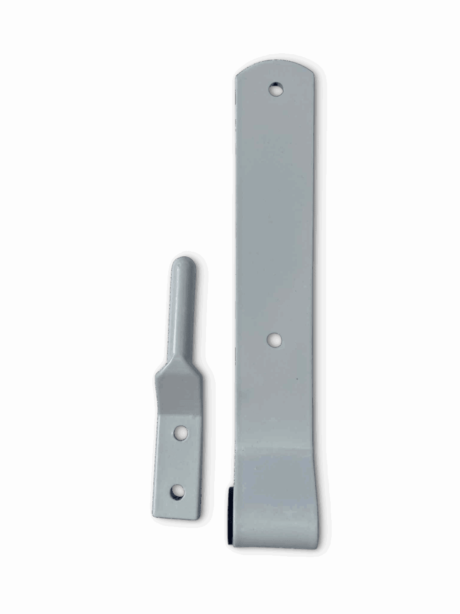 Two white metal hardware pieces, one shorter with two holes and handle, one longer with three holes.