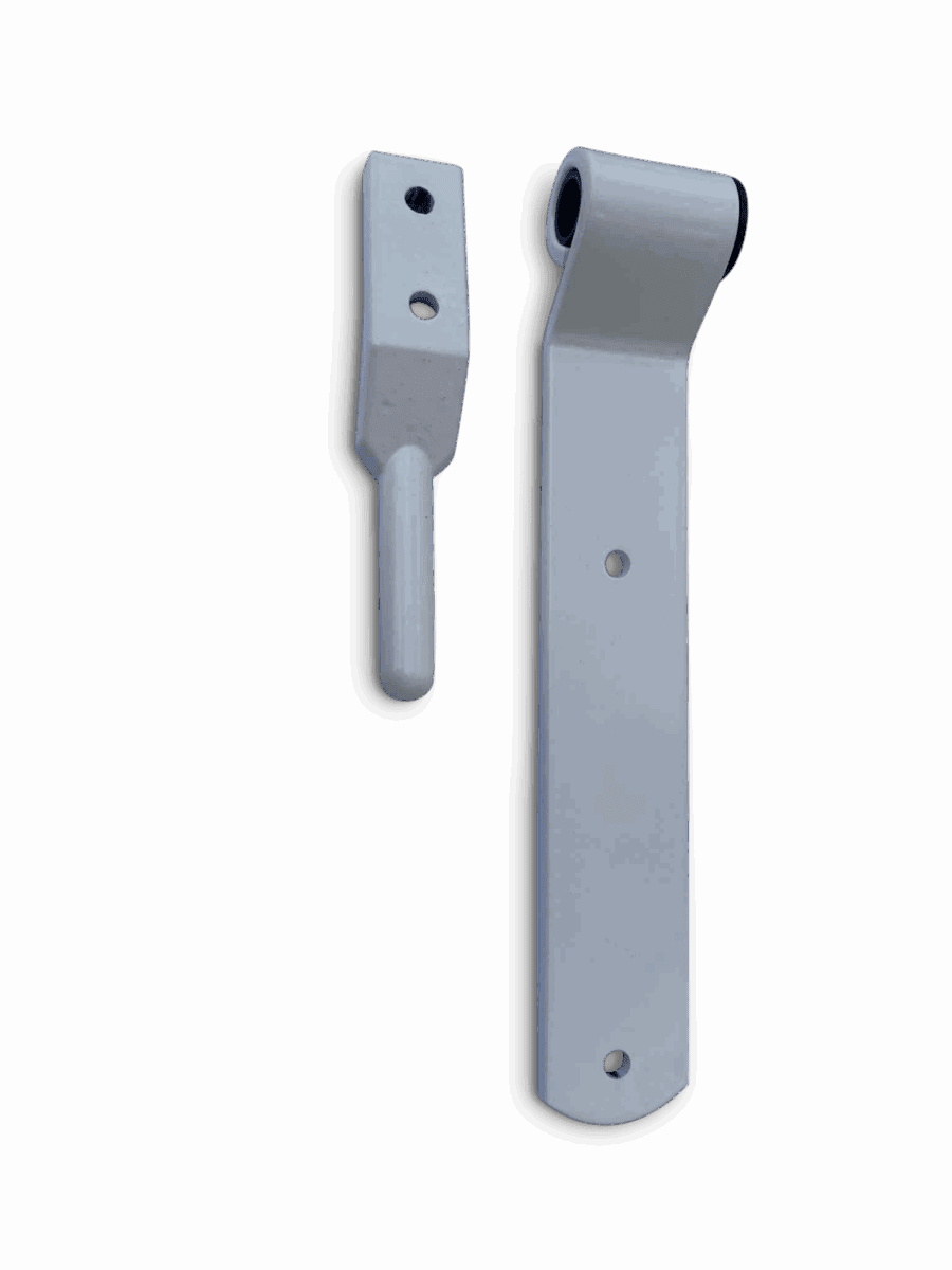 Two white metal brackets on black background, one smaller with peg and two holes, one larger with three holes and cylindrical bushing.