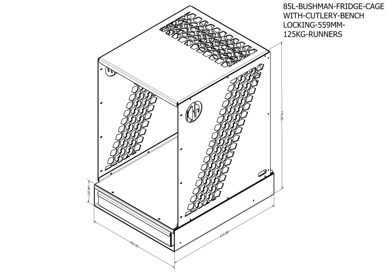 130L BUSHMAN FRIDGE CAGE WITH CUTLERY BENCH DIMENSION