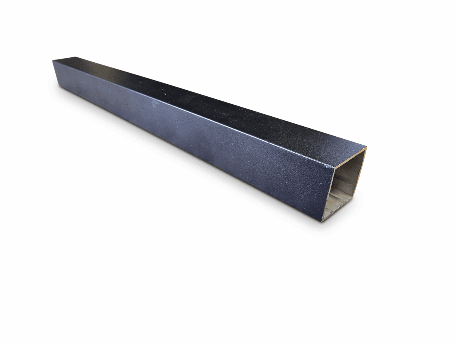 Rectangular black metallic hollow tube on white background, used for structural purposes.