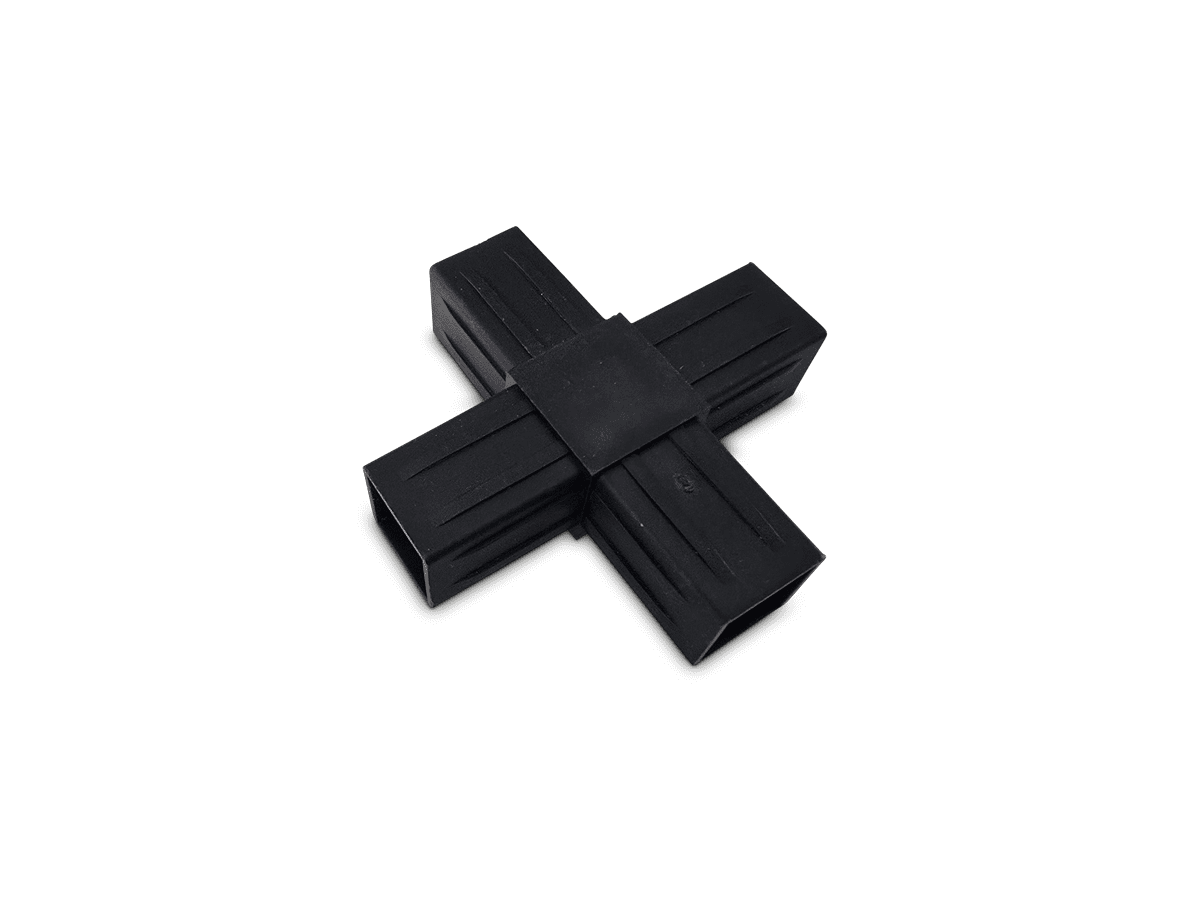 Black four-way connector with surface grooves, forming a cross shape.