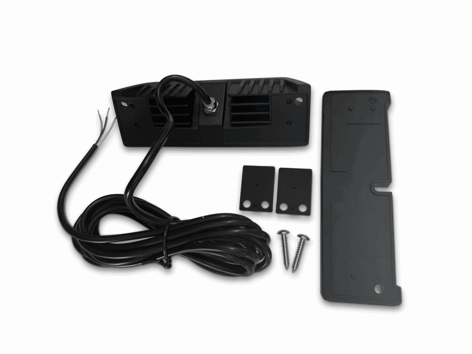 Black electronic component with coiled cable, three exposed wires, plastic cover, two brackets, and screws on black background