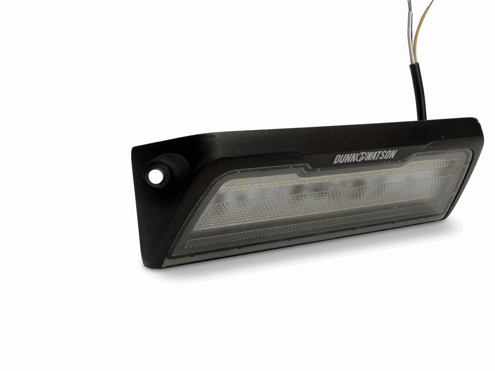 Rectangular black Dunn & Watson LED light fixture with clear textured cover and exposed wires.