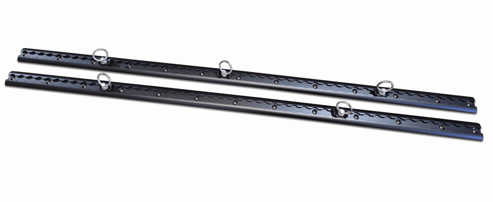 Black metal mounting rails with holes and ring hooks for secure attachment.