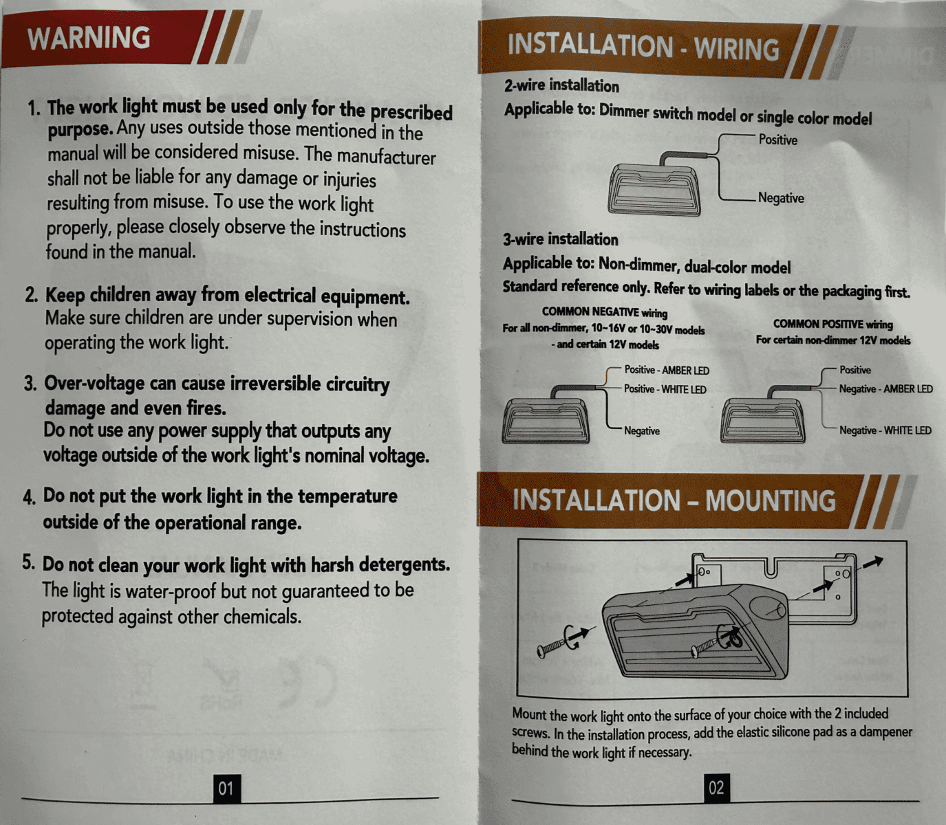Work light manual page with safety warnings, wiring diagrams, and mounting instructions.
