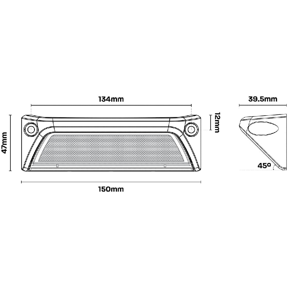 Technical drawing of a rectangular object with dimensions 150x47x39.5mm and a 45-degree angle.