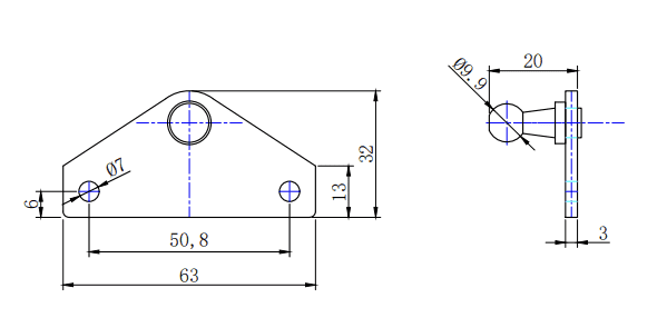 Triangular plate with three holes, dimensions 63x32x3 mm, central hole extends 20 mm side view.