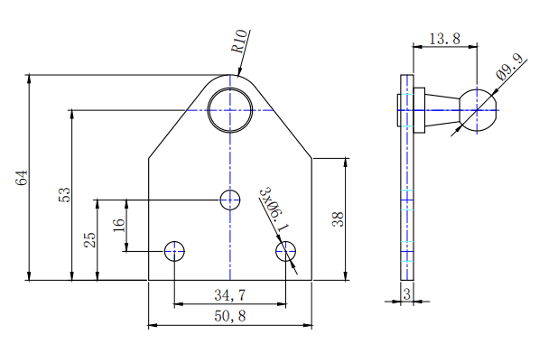 Mechanical part with large 10 mm radius hole, two 6.1 mm holes, 3 mm thickness, and 13.8 mm cylindrical protrusion.