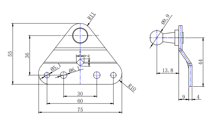 Mechanical part drawing with five holes, curved edges, a circular protrusion, and bent section dimensions.