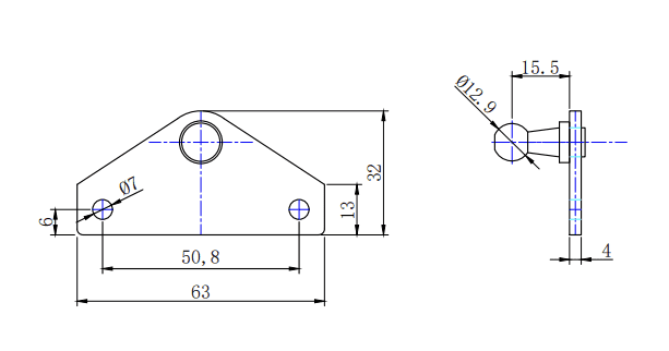 Technical drawing of mechanical bracket with three holes and detailed dimensions in millimeters.