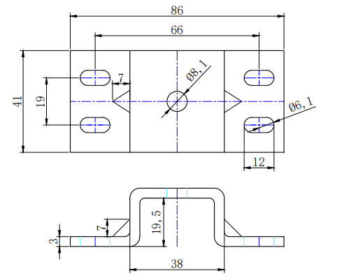 Metal bracket with three holes, 86x41 mm top view, 19.5 mm high side view, bent sides.