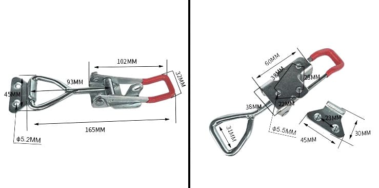 Metal toggle clamps with red handles shown extended and folded, with detailed metric measurements.