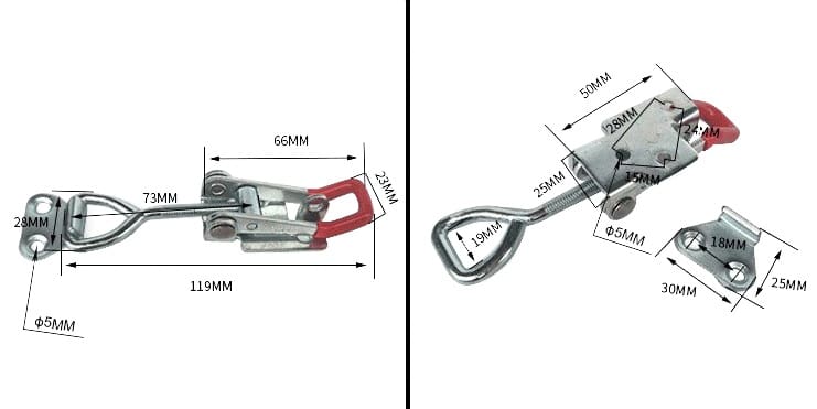 Two metal toggle latch clamps with red locking parts and detailed dimension measurements in millimeters