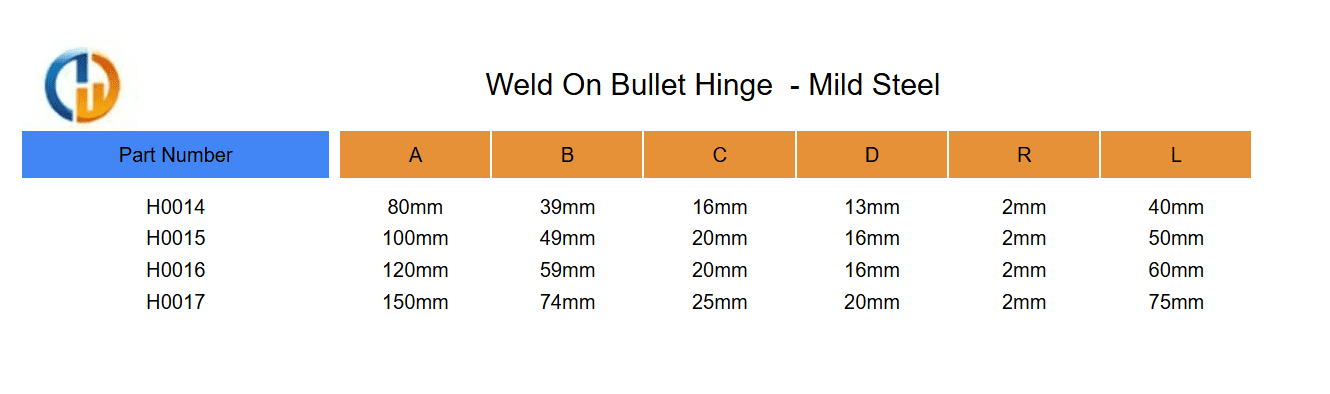 Table listing dimensions for mild steel Weld On Bullet Hinges with part numbers and measurements in millimeters.
