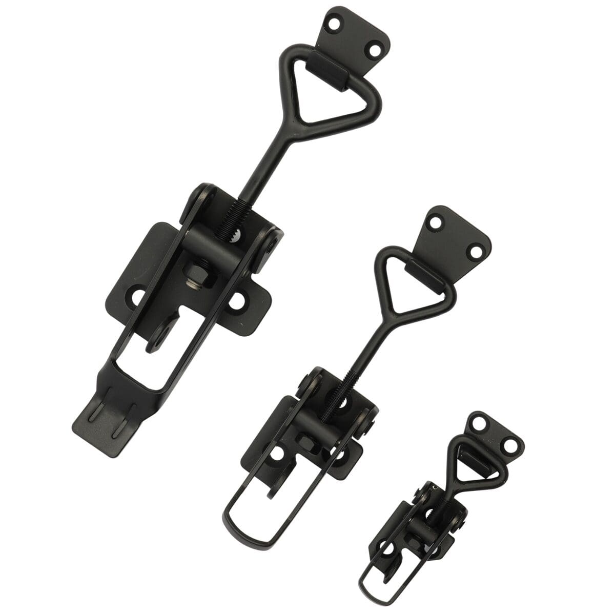 Three black metal toggle latches of varying sizes with triangular handles and screw holes on white background