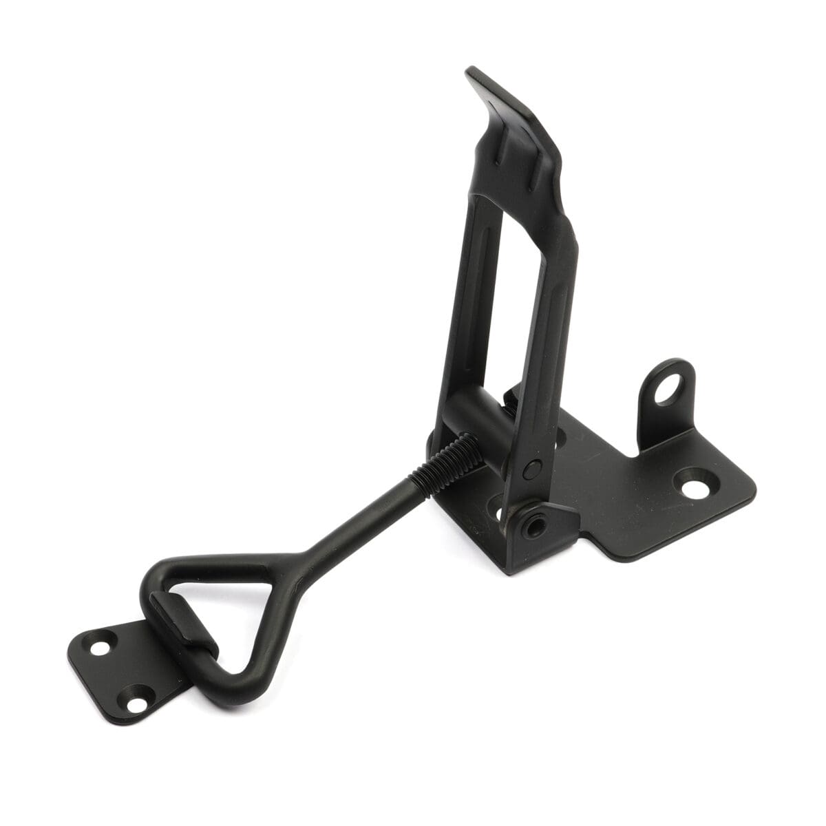 Black metal toggle latch with spring mechanism and mounting holes for heavy-duty fastening.