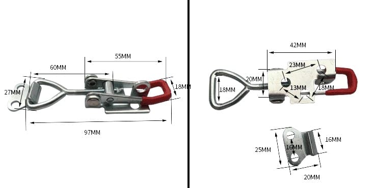 Metal toggle latch with red triangular handle, clasp mechanism, and catch plate with detailed measurements.