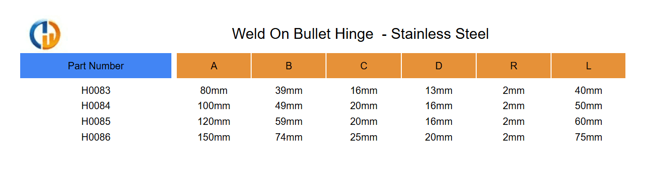 Table showing dimensions in millimeters for stainless steel weld-on bullet hinges H0083 to H0086.