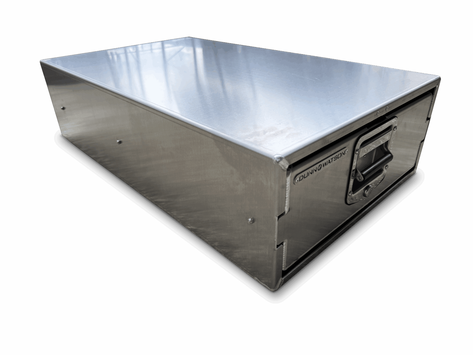 Metal storage box with recessed handle and Dunn & Watson branding on front panel.