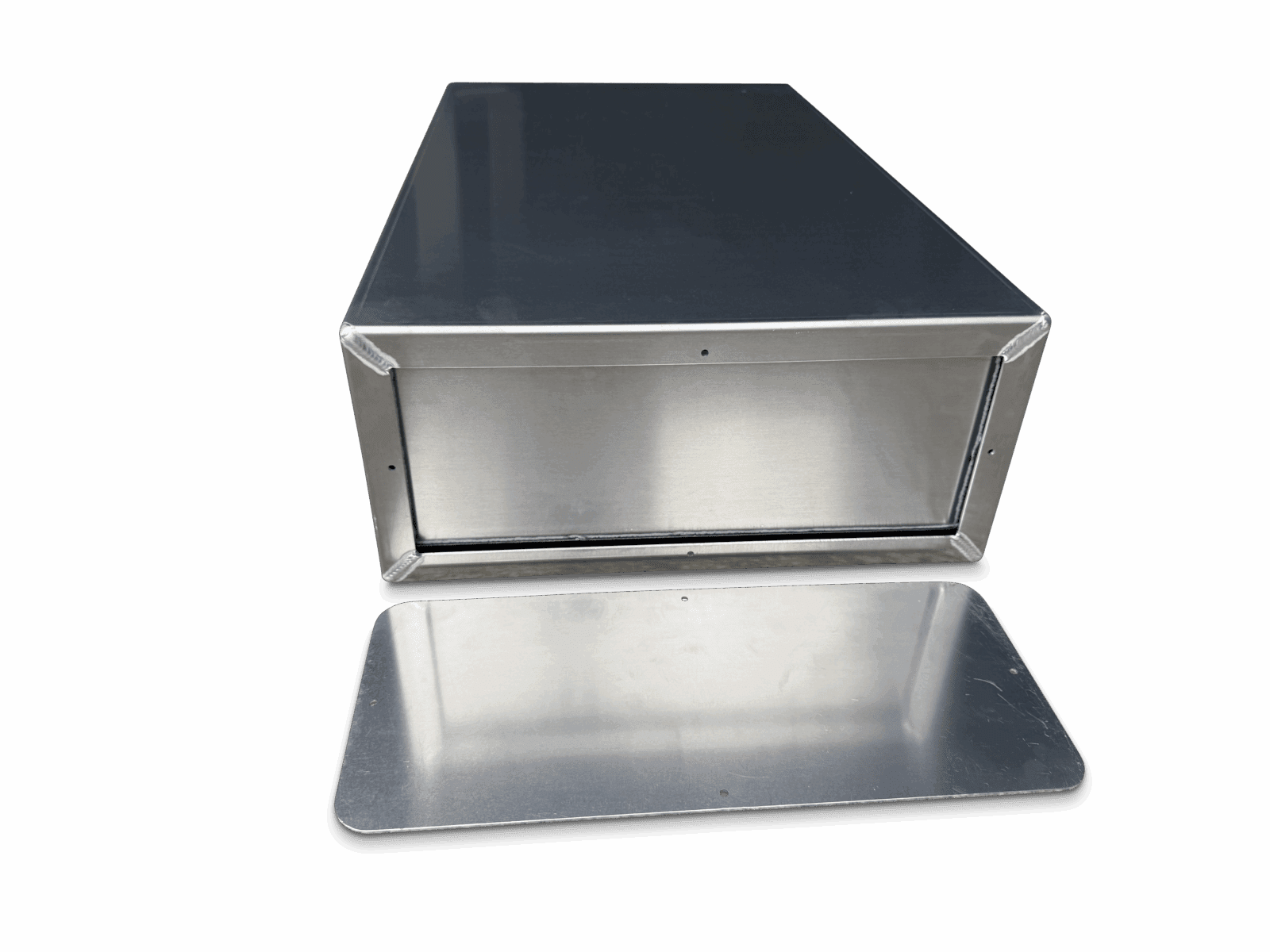Rectangular stainless steel box with detachable flat panel featuring rounded corners and fastening holes.