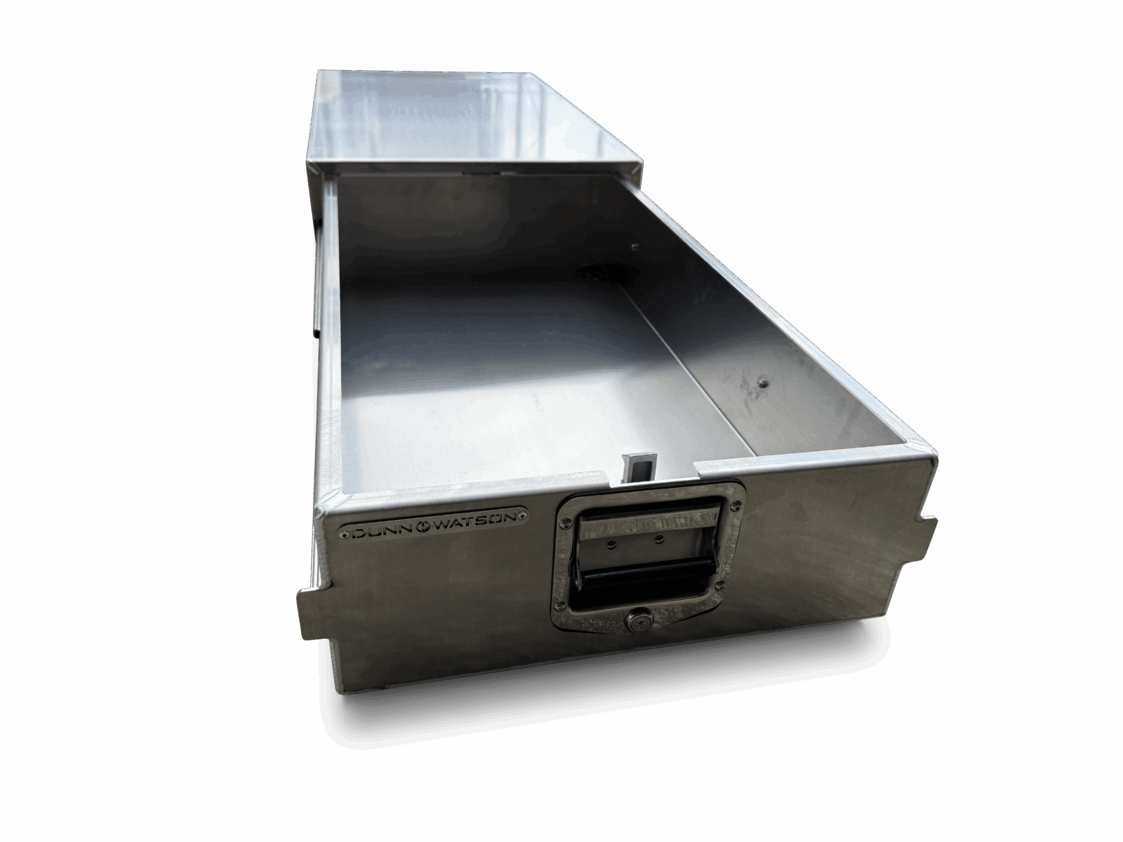 Rectangular metal drawer with handle and Dunn & Watson branding, shown partially open.