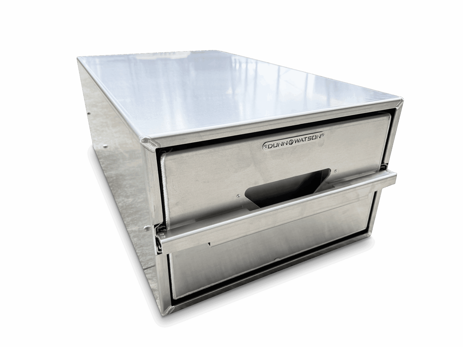 Stainless steel Dunn & Watson commercial ice bin with front access door and handle bar.