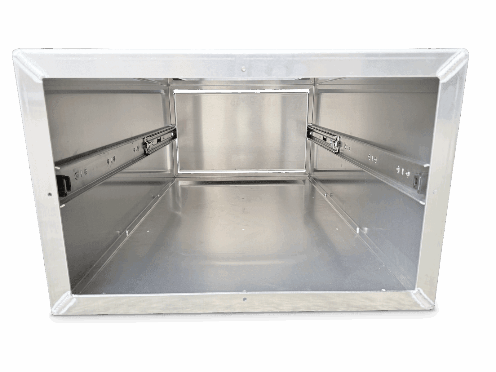 Empty industrial metal box with drawer slide rails on both sides and a solid back panel.