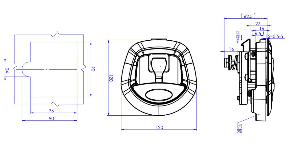 Technical drawing of a mechanical component with top, front, and side views and detailed dimensions.