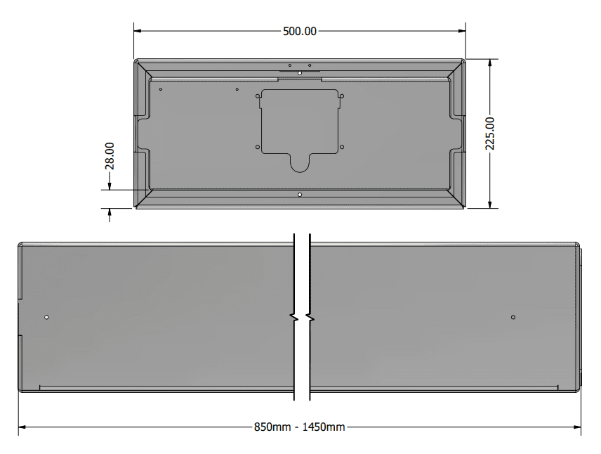 Technical drawing of a rectangular object with adjustable length 850-1450 mm and fixed width 500 mm.
