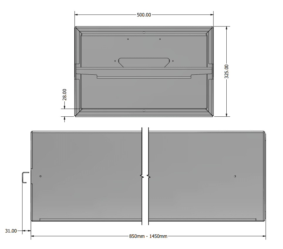 Top and side views of a rectangular object with dimensions and a handle feature shown.