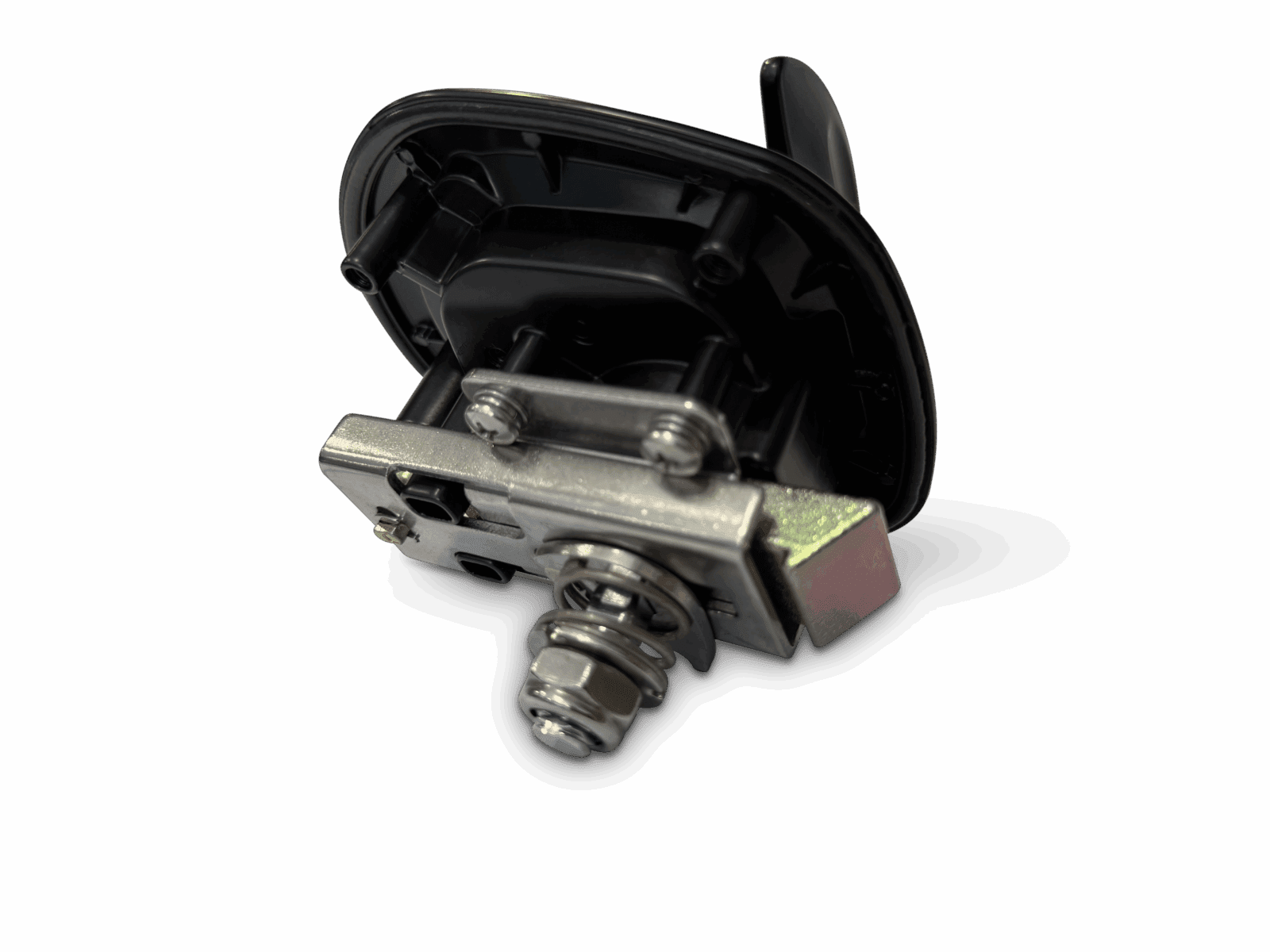 Mechanical latch component with metal and black plastic parts, screws, spring, and bolt on black background
