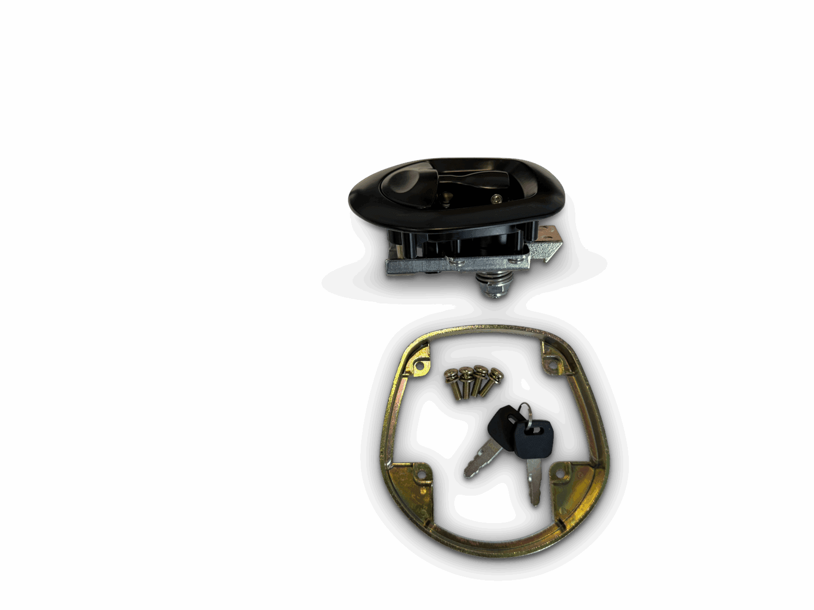 Black locking handle assembly with metallic mounting bracket, keys, and screws on black background