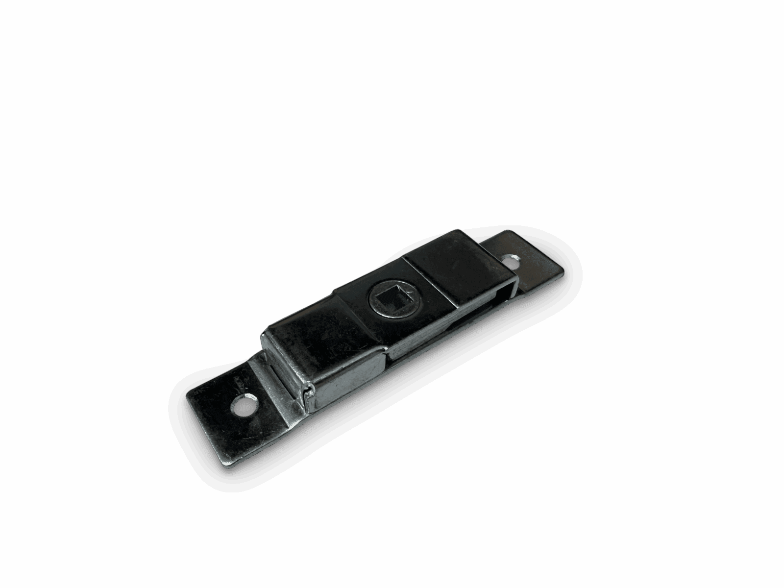 Metal barrel bolt latch with rectangular base, two screw holes, and sliding mechanism.