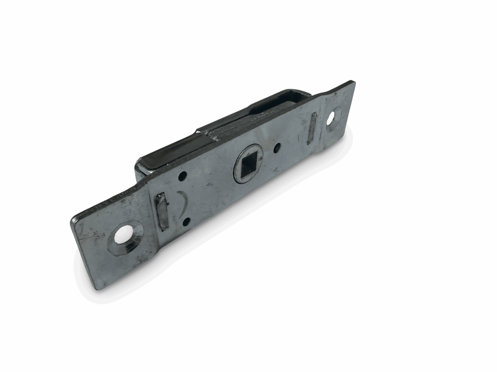 Metallic door latch mechanism with rectangular faceplate and multiple holes on black background