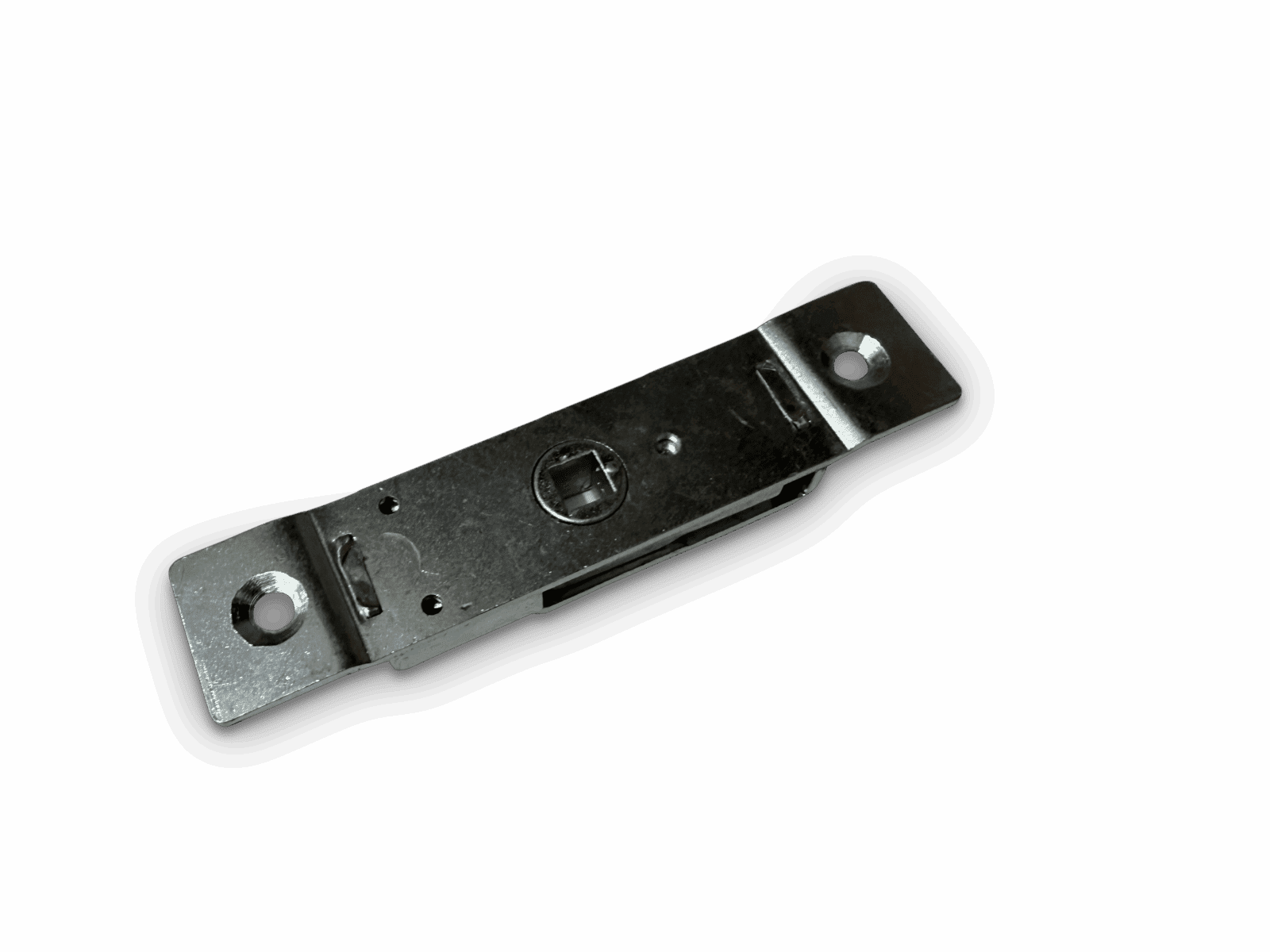 Metal strike plate with screw holes and rectangular cutout for door latch bolt installation.