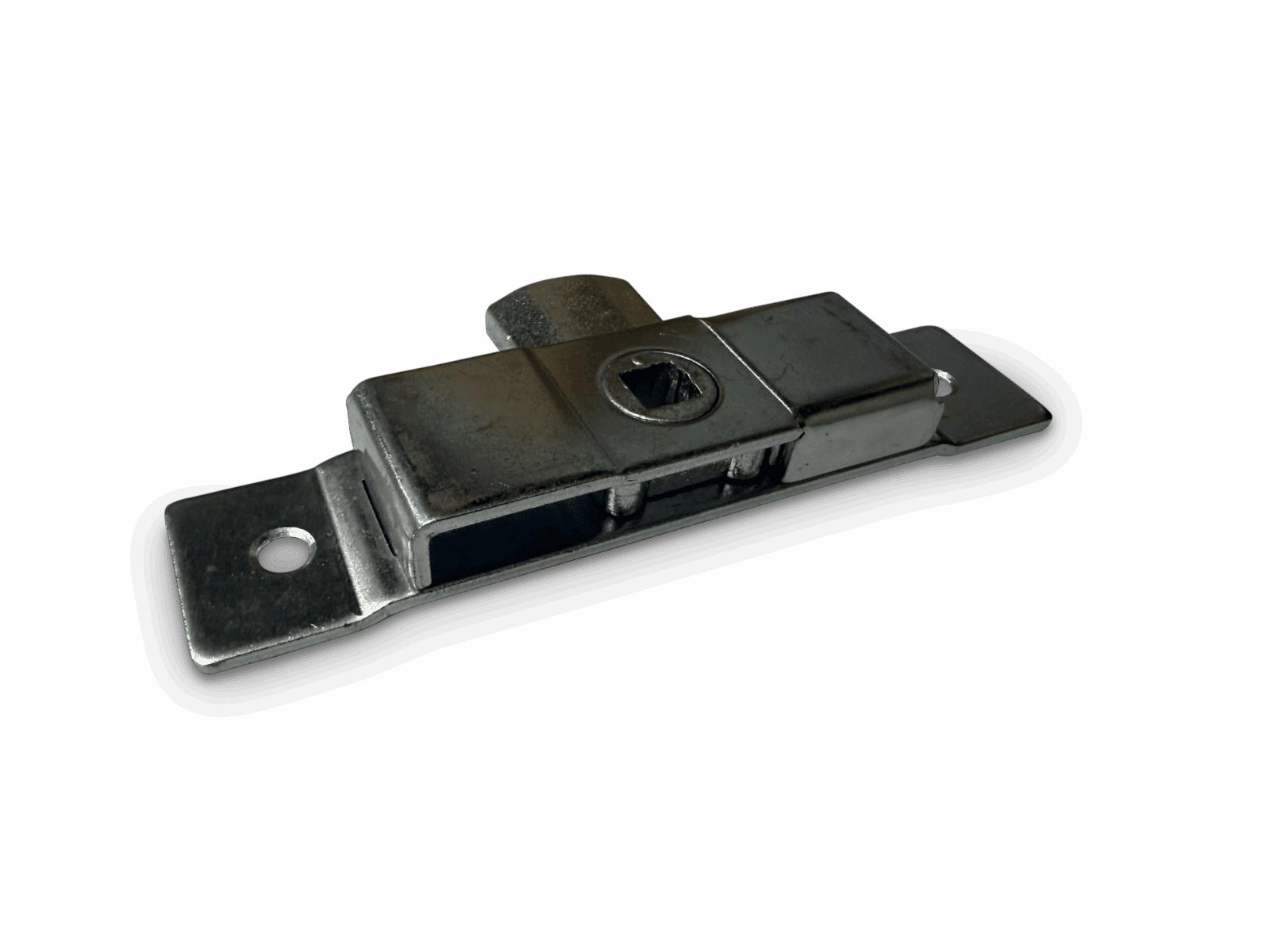 Metallic latch mechanism with rectangular base, central screw hole, and protruding bolt on black background